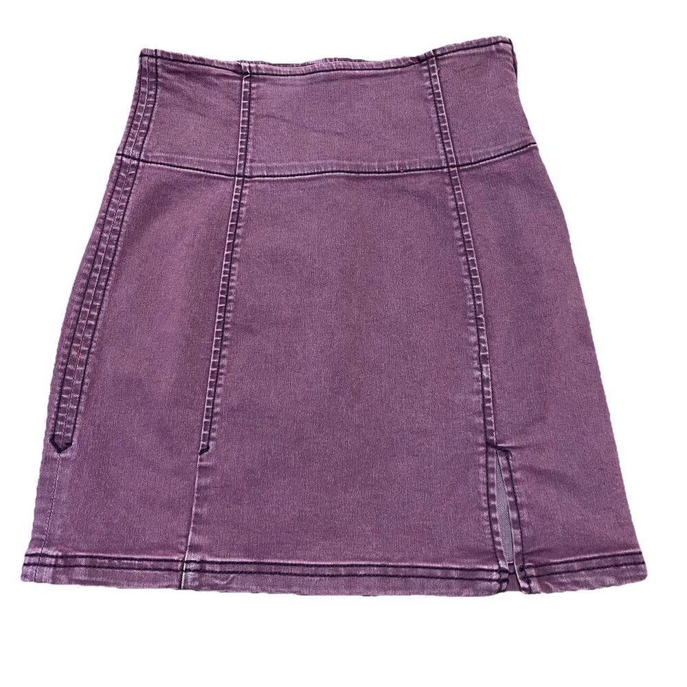 Free People Modern Femme Denim Skirt Size 0 Mini Exposed Seam Maroon Side Zipper